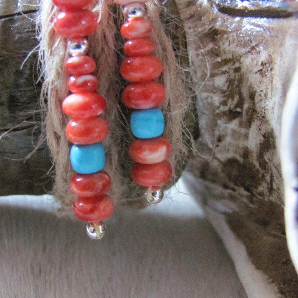 ZUNI HAND MADE SPINY  OYSTER & SLEEPING BEAUTY TURQUOISE EARRINGS - Picture 8 of 16
